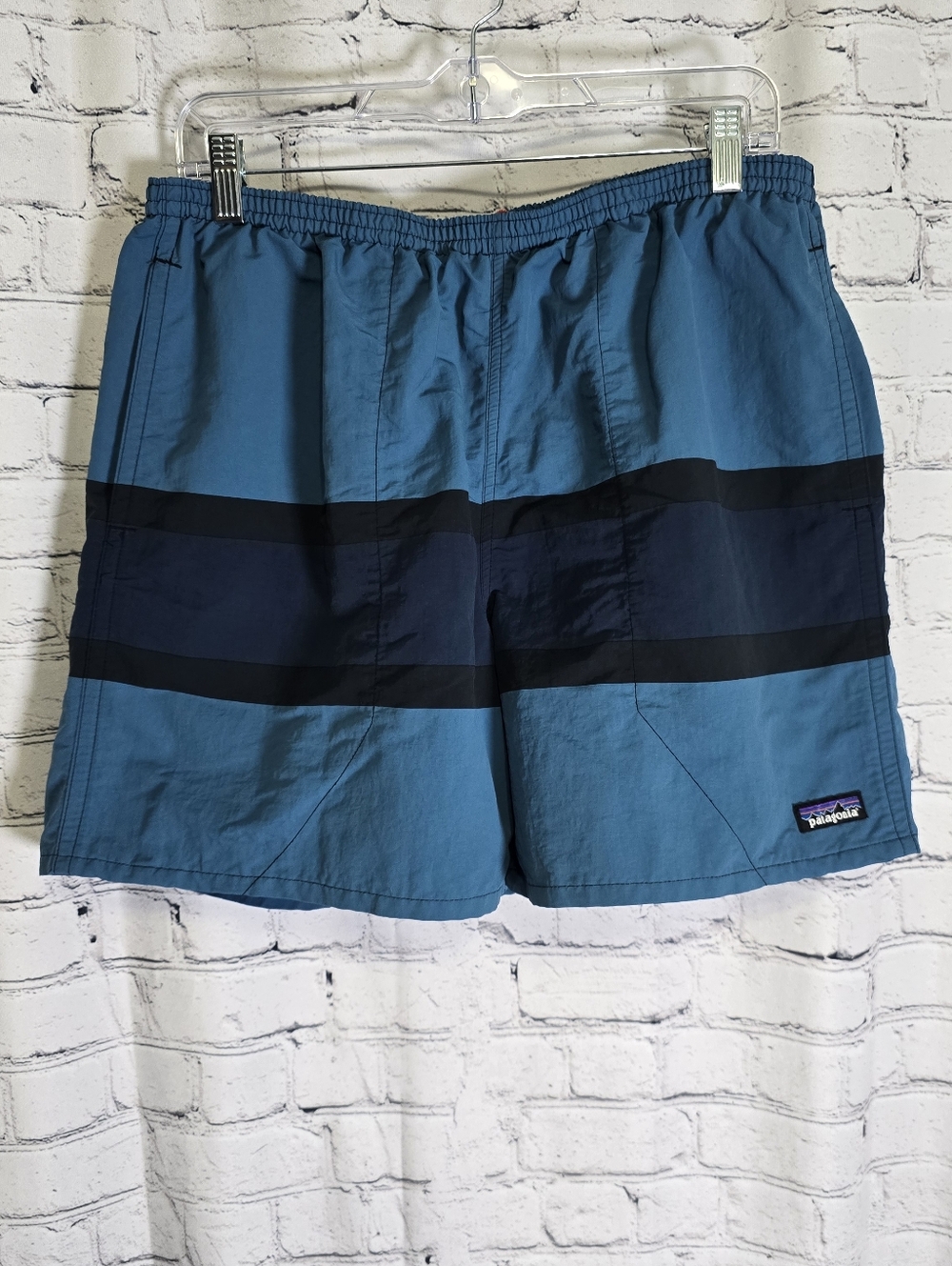 Patagonia Men's Teal Board Shorts with Navy and Black Stripes Size Large